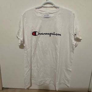 CHAMPIONS MINIMALISTIC CASUAL FIT SHORT SLEEVE TEE IN WHITE AND LOGO ON SLEEVE